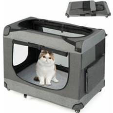 Gymax Large Foldable Cat Racing Cage Cat Crate Removable Cushion 4 flexible wheels