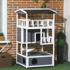 Pets Pawhut Wooden Outdoor Cat House 3-Tier Kitten Shelter Lodge with Terrace
