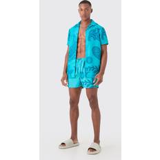 Paisley Swimwear boohooMAN Mens Regular Paisley Shirt & Trunks Set Blue