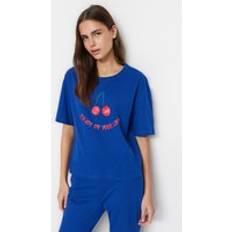 Unterwäsche Trendyol Collection Damen Slogan Knit T-Shirt-Hose Set Pyjama, Marineblau