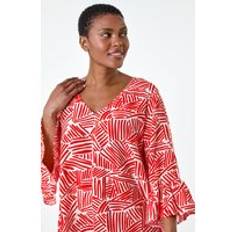 Orange Blouses Roman Abstract Print Frill Detail Top in Orange