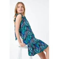 Linen - Midi Dresses Roman Leaf Print Linen Blend Frill Detail Dress in Blue