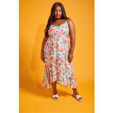 Pink Dresses Yours Frill Hem Dress Curve Green Pink Floral Print - White