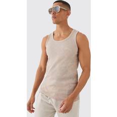 Beige - Men Tank Tops boohooMAN Mens Slim Acid Washed Signature Ribbed Tank Beige