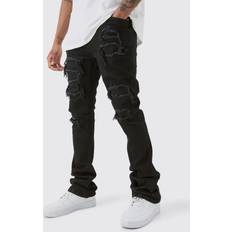 boohooMAN Mens Tall Skinny Stacked Distressed Ripped Jeans Black