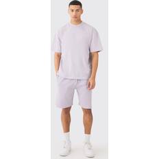 Shortsit boohooMAN Oversized Heavyweight T-shirt and Ribbed Shorts Set - Lilac