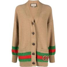 Brown - Women Cardigans Gucci Web Detail Wool Cardigan - Camel