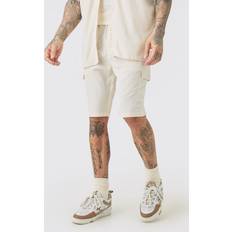 Men - Natural Shorts boohooMAN Mens Tall Elasticated Waist Relaxed Linen Cargo Shorts In Natural Beige