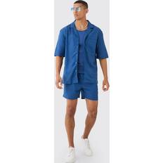 Schlitz Anzüge boohooMAN Mens Linen Pocket Detail Shirt & Short Set - Navy