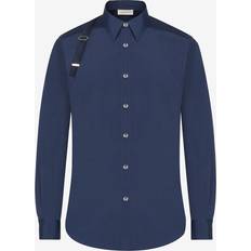 Alexander McQueen Men Shirts Alexander McQueen Mens Ink Blue Harness-strap Tonal-panel Slim-fit Stretch-cotton Shirt
