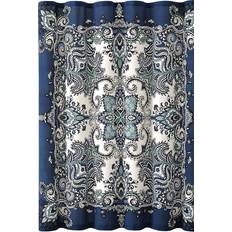 Boho Shower Curtain Navy Teal White Mandala Floral Design 72 x 72 inches