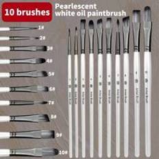 Shein 10pcs Pearl White Nylon Hair Paint Brush Set With Wood Handle, Multipurpose Brushes Suitable For Watercolor Gouache Acrylic Oil Painting