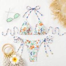 Polyester Bikini Sets Shein Women Floral Print Halter Neck Simple Fashionable Bikini Set For Vacation