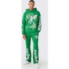 Green - Men Suits boohooMAN Mens Regular Fit Graphic Raw Hem Flared Tracksuit Green