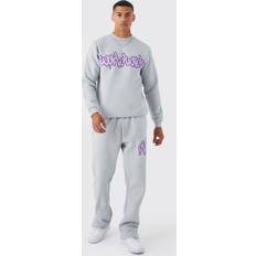 Harmaa - Mies Puvut boohooMAN Graffiti Print Sweatshirt Tracksuit - Light Grey