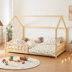 [en.casa] Hausbett Hesel Rausfallschutz 140x200cm Holzoptik Braun