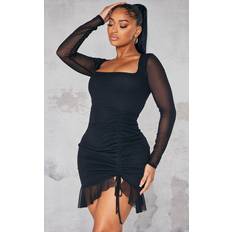 Mesh - Short Dresses PrettyLittleThing Shape Black Long Sleeve Mesh Ruched Side Frill Hem Bodycon Dress, Black