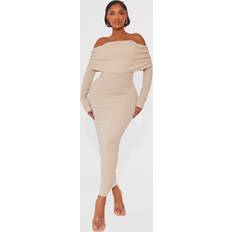 Long Dresses - Ribbed PrettyLittleThing Shape Oatmeal Rib Bardot Long Sleeve Maxi Dress, Oatmeal