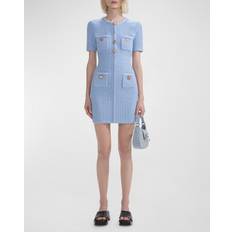 Buttons Dresses Self-Portrait Womens Blue Jewel-embellished Knitted Woven-blend Mini Dress