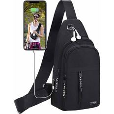 Black Waterproof Crossbody Backpack Sling Bag with USB Headphone Hole Hiking Daypack Multipurpose Cross Body Chest Bag Black