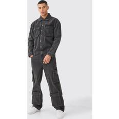 Baumwolle - Herren Anzüge boohooMAN Acid Wash Oversized Cargo Boilersuit - Charcoal