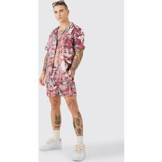 Punainen Puvut boohooMAN Oversized Ripstop Floral Shirt and Swim Set - Red