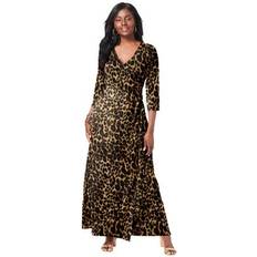 High Collar - Long Dresses Plus Women's Stretch Knit Faux Wrap Maxi Dress by The London Collection in Brown Painterly Cheetah Size W