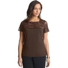 Brown - Women Blouses Jessica London Plus Women's Stretch Lace Neckline Top in Chocolate Size 1X