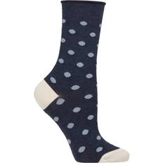 Ladies Pair Mercerised Cotton Spot Roll Top Socks Blue Mix One
