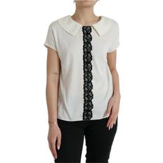 Dolce & Gabbana Beige Blouses Dolce & Gabbana Elegant Off-White Lace-Trim Silk Women's Blouse