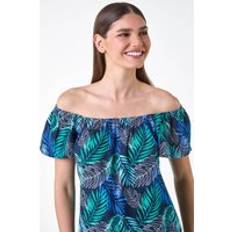 Linen Blouses Roman Tropical Leaf Linen Blend Bardot Top in Blue