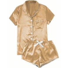 Gold - Women Pajamas DeHolifer Sold by: QQAMB Co.Ltd, Women Pajamas Sets Short Sleeve Solid Casual Sleepwear Button Down Lapel and Shorts Satin Piece Pajama Set Gold