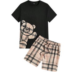 Men - Polyester Jumpsuits & Overalls Shein Manfinity Hypemode Men's Checkered Bear Print Short Sleeve T-Shirt And Drawstring Waist Shorts Set