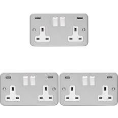 USB Outlet Electrical Outlets & Switches Loops 3 Pack 2 Gang 13A Switched Uk Plug Socket & 2.1A Usb-A Heavy Duty Metal Clad