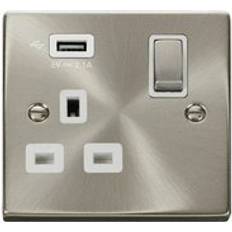 SE Home Stainless Steel 1 Gang 13A DP 1 USB Switched Plug Socket