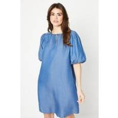 Short Dresses - Tencel Wallis Womens Denim Tencel Puff Sleeve Shift Dress Mid Wash