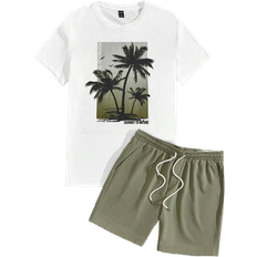 M - Men Jumpsuits & Overalls Shein Manfinity Chillmode Men Tropical Print Tee & Drawstring Waist Shorts