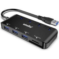 Fantec USB SD Card Reader, USB Hub with SD/Micro SD Card Reader, USB Splitter with 3 USB Ports, 2 Card Slots and Individual LED Power Switches