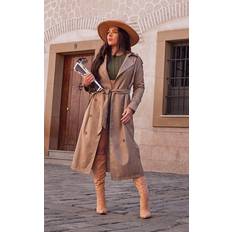 White - Women Coats PrettyLittleThing Petite Stone Woven Oversized Trench Coat, White