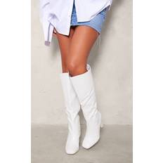 PrettyLittleThing White Wide Fit Pu Croc Square Toe Block Heel Knee High Boots, White