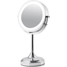 Ovente 7'' Lighted Tabletop Makeup Mirror, 1X & 7X Magnifier, Spinning Double Sided Round LED, Great for Vanity, Bath, & Bedroom, Battery Powered, Polished Chrome MCT70CH1X7X