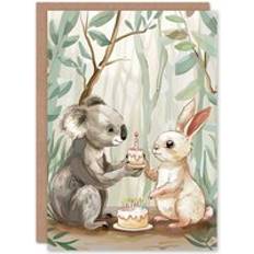 ARTERY8 Birthday Card Koala and Bunny Rabbit Birthday Cake For Son Daughter Girl Boy Kids Happy Card Light Green One Size