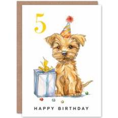 Party Supplies ARTERY8 5th Birthday Card Cute Terrier Dog Puppy Party Hat Kids Age 5 Year Old Child For Son Daughter Girl Boy Happy Card White One Size