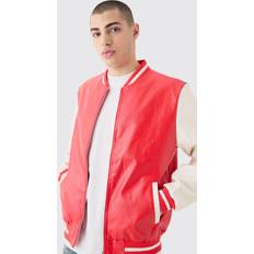 boohooMAN Mens Plain Pu Varsity Jacket In Red