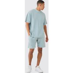 Housut & Shortsit boohooMAN Oversized Washed Heavyweight Waffle T-shirt & Shorts Set - Dusty Blue