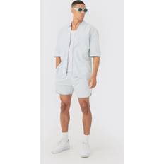 Harmaa - Mies Puvut boohooMAN Dropped Revere Linen Piped Shirt Set - Light Grey