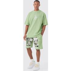 Yöasut boohooMAN Oversized Gothic Waffle T-shirt and Shorts Set - Sage