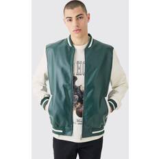 boohooMAN Mens Plain PU Varsity Jacket - Green