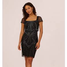 Adrianna Papell Clothing Adrianna Papell Beaded Popover Dress With Sheer Cap Sleeves In Black Gunmetal