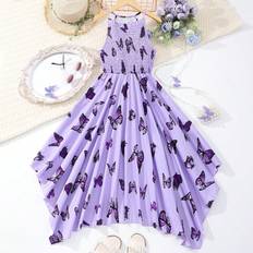 High Collar Dresses Children's Clothing Shein Tween Girl Butterfly Printed Spaghetti Strap Dress